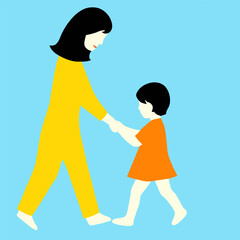 Mother walks hand in hand with child