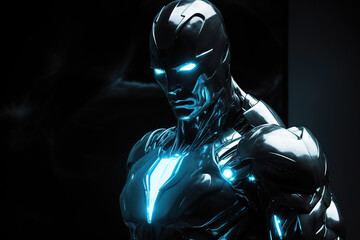 Futuristic metal android, blue glowing eyes and suit elements - obrazy, fototapety, plakaty