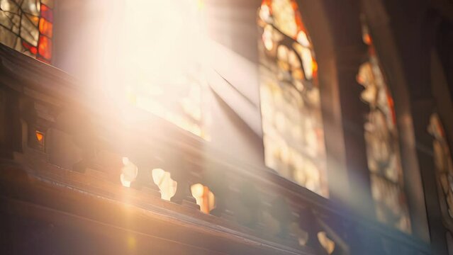 A beam of sunlight s through the stained glass window, shining directly onto the font and creating a heavenly glow around it.