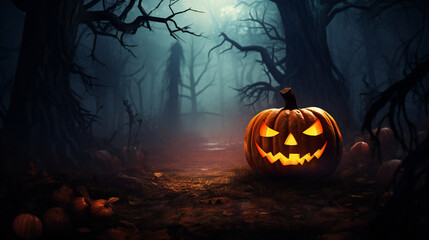 Halloween night 3D rendering of a pumpkin in a haunted forest
