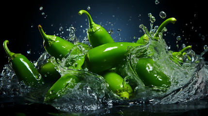 Green tip pepper commercial photography, with water splash photography effect, vegetable commercial photography