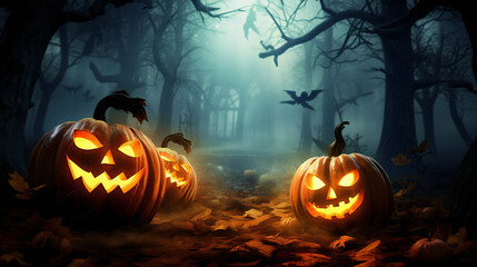 Halloween pumpkins in a spooky forest night.
Spooky halloween pumpkins in dark mistery forest, 3D rendering ghost pumpkin on Halloween background, generative Ai
