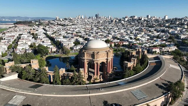 Palace Of Fine Arts At San Francisco California United States. Square San Francisco California. Business Film Downtown Cityscape. Business Outside Downtown District Panning Wide.