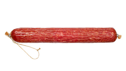 Smoked salami sausage isolated on white background. Close-up of a whole sausage.