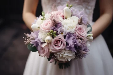 Fototapeten Bride holding a delicate bouquet of pastel flowers, symbolizing grace and wedding festivity. © StockWorld