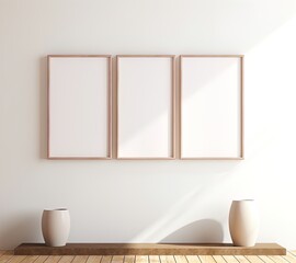Minimalist elegance: Trio of shadow-play art frames on a warm wooden backdrop.