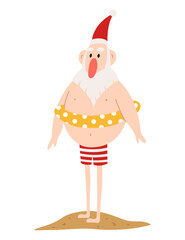 Funny Santa Claus with swimming ring on white background. Christmas vacation