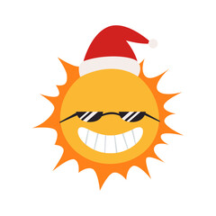 Cool sun in Santa hat on white background. Christmas vacation