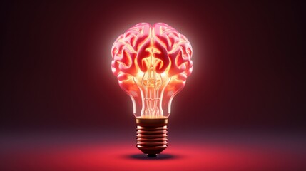 A brain-shaped light bulb glowing in red, symbolizing innovation, ideas, and cognitive processes. - obrazy, fototapety, plakaty