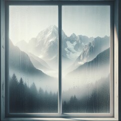 Winter Mountain Through Transparent Glass Window