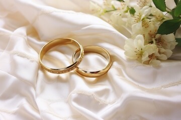 Golden wedding bands on silk with wheat, evoking harvest and abundance themes.