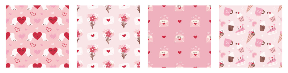 Fototapeta na wymiar Set of seamless patterns for Valentine's Day. Romantic vector backgrounds. Ornament for postcards, wallpapers, wrapping paper