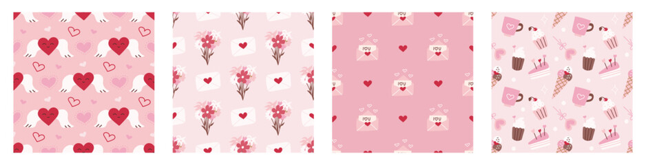 Set of seamless patterns for Valentine's Day. Romantic vector backgrounds. Ornament for postcards, wallpapers, wrapping paper