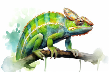 a chameleon in nature in watercolor art style