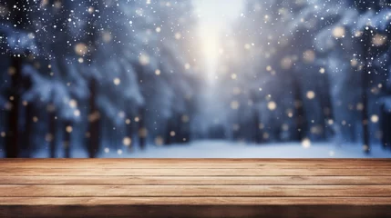 Foto op Aluminium Empty table in beautiful winter landscape, wood plank board in snow mountain outdoor comeliness © Summit Art Creations