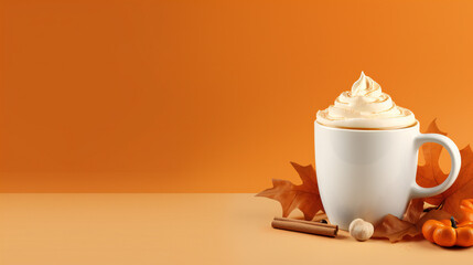 Pumpkin latte, autumn hot drink
Pumpkin coffee and candle on orange background, space for text
