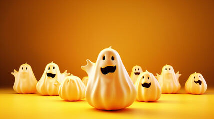 Halloween ghosts with funny pumpkin on orange background. Happy halloween holiday concept.
