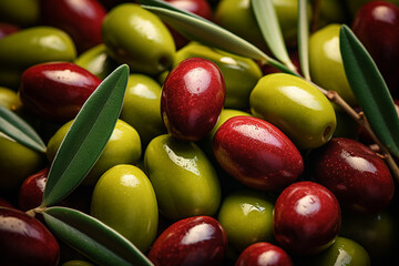 Generative AI Image of Background of Red Green Olives Fruit with Leaves