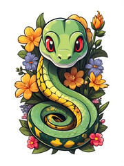 Adorn your world with this adorable sticker featuring a cute cartoon snake surrounded by delicate flowers. Its playful design and white border.