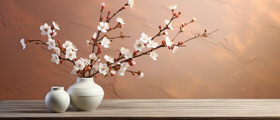 A blossoming branch in a ceramic vase rests on a wooden table next to a copy space and a beige stucco wall. Background of living room inside of home.