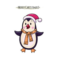 Christmas new year card with cute funny pinguin in Santa Claus hat vector illustration