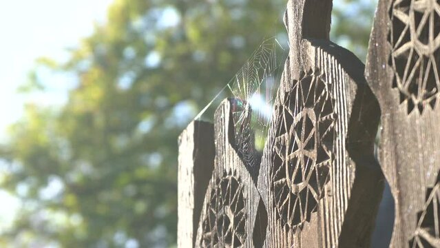 old fence with carved motifs covered by cobwebs in the sunlight. detail. 4k video.