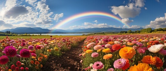 The view of Tomita Farm's Rainbow Flower Field in Furano City, Hokkaido Prefecture, Japan. . - obrazy, fototapety, plakaty
