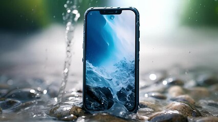 Closeup of a waterproof smartphone with a sleek and slim design. Its IP68 rating ensures that it can survive being submerged in water for up to 30 minutes without any damage or malfunctions.