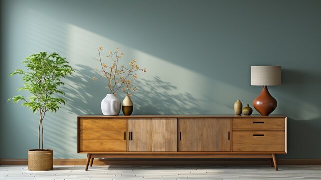 Wood Console Cabinet: Modern Foyer Living Room Copy Space with Blank Wall..