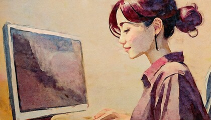 デスクワークをする女性　イラスト