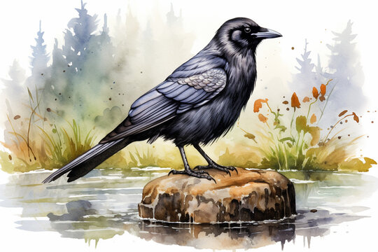 a crow in nature in watercolor art style