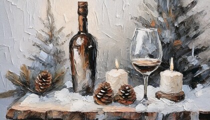 ワイングラスとキャンドル　雪景色　ハッピーホリデー　イラスト	
