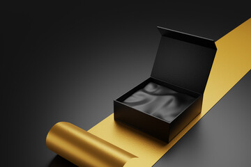 empty black carton box with golden carton background isolated 3d illustration