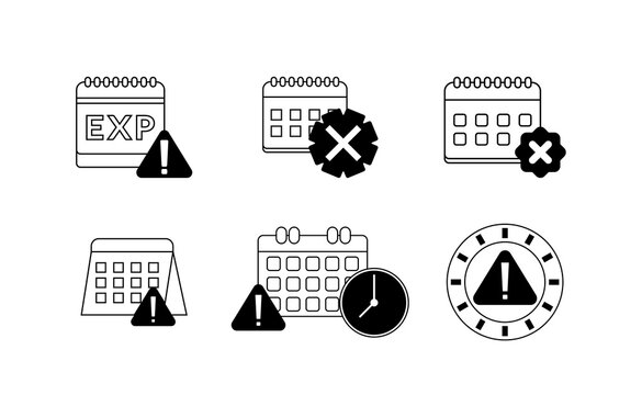 Clock or calendar exclamation alert icon collection set. Reminder schedule with exclamation sign deadline. Expired date symbol concept for date expire or deadline schedule Illustration vector