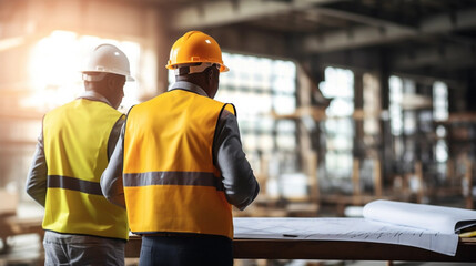 copy space, stockphoto, ethnic Industrial workers in safety vests and hard hats collaborating on a project. Blue collar workers in an industrial setting.