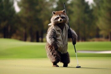 a skilled raccoon golfer winning the masters with a look of satisfaction on their face - obrazy, fototapety, plakaty