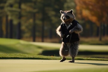a skilled raccoon golfer winning the masters with a look of satisfaction on their face - obrazy, fototapety, plakaty