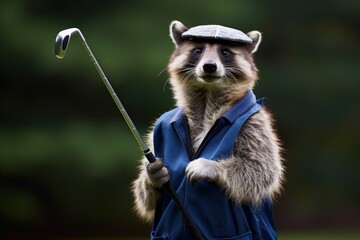 skilled raccoon golfer winning the masters with a look of satisfaction on their face - obrazy, fototapety, plakaty