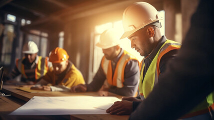 copy space, stockphoto, ethnic Industrial workers in safety vests and hard hats collaborating on a project. Blue collar workers in an industrial setting.