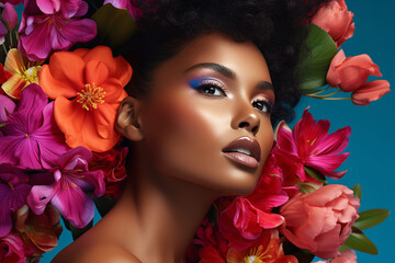 カラフルな花に囲まれた黒人女性の美しいポートレート