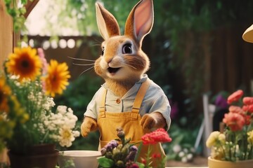 anthropomorphic rabbit is working as a gardener