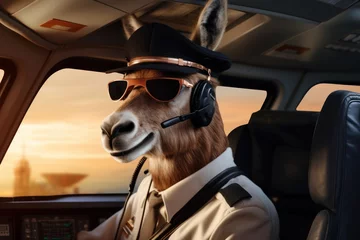 Selbstklebende Fototapeten kangaroo pilot wearing a uniform and wings flying a commercial airplane © Ingenious Buddy 