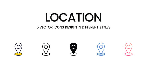 Location Icon Design in Five style with Editable Stroke. Line, Solid, Flat Line, Duo Tone Color, and Color Gradient Line. Suitable for Web Page, Mobile App, UI, UX and GUI design.