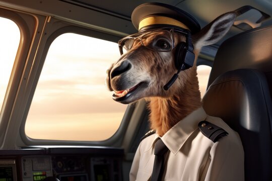 kangaroo pilot wearing a uniform and wings flying a commercial airplane