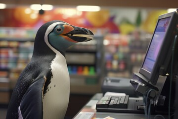 a penguin cashier ringing up customers at a grocery store