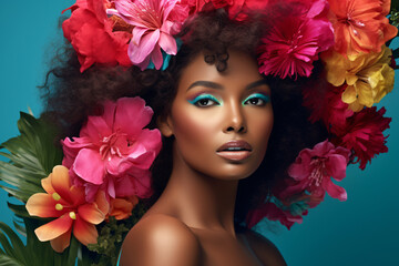 カラフルな花に囲まれた黒人女性の美しいポートレート