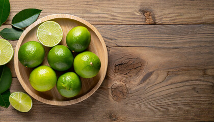 Tropical Citrus Vibes: Wooden Plate with Fresh Lime, Elevated View