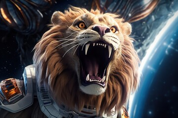 a lion astronaut exploring space