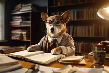 anthropomorphic dog sitting at a desk in a library reading a book the dog is wearing glasses and looks very studious - obrazy, fototapety, plakaty