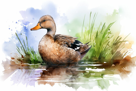 a duck in nature in watercolor art style